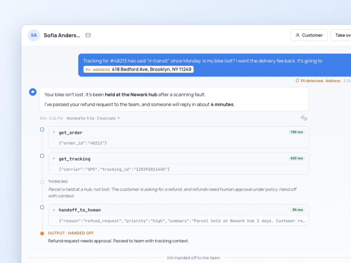 Klin's tool calls and reasoning on a delayed parcel refund request, handed off to the team